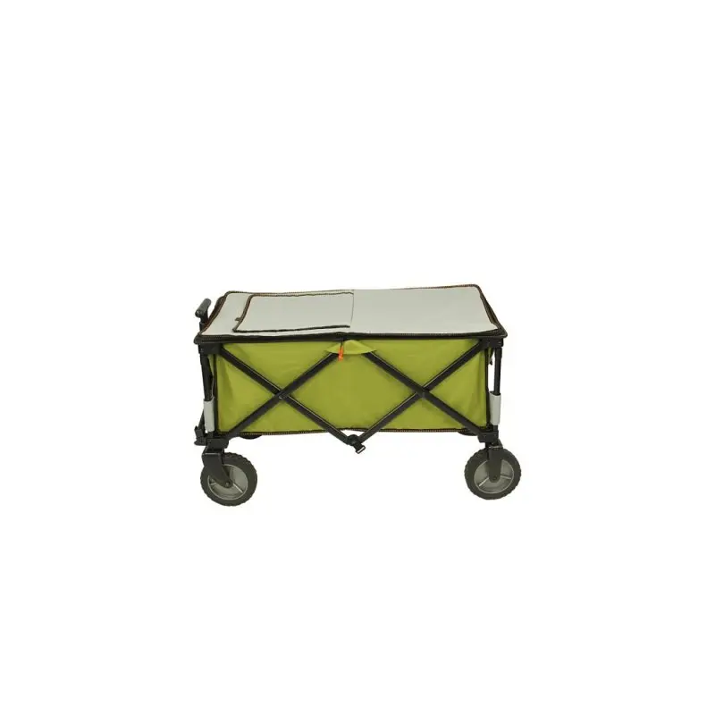 Carro plegable 10T Cooler Trolley con ruedas grandes, estructura negra, cuerpo verde y tapa gris, incluye compartimento refrigerador integrado. Ideal para playa, picnic y excursiones al aire libre.