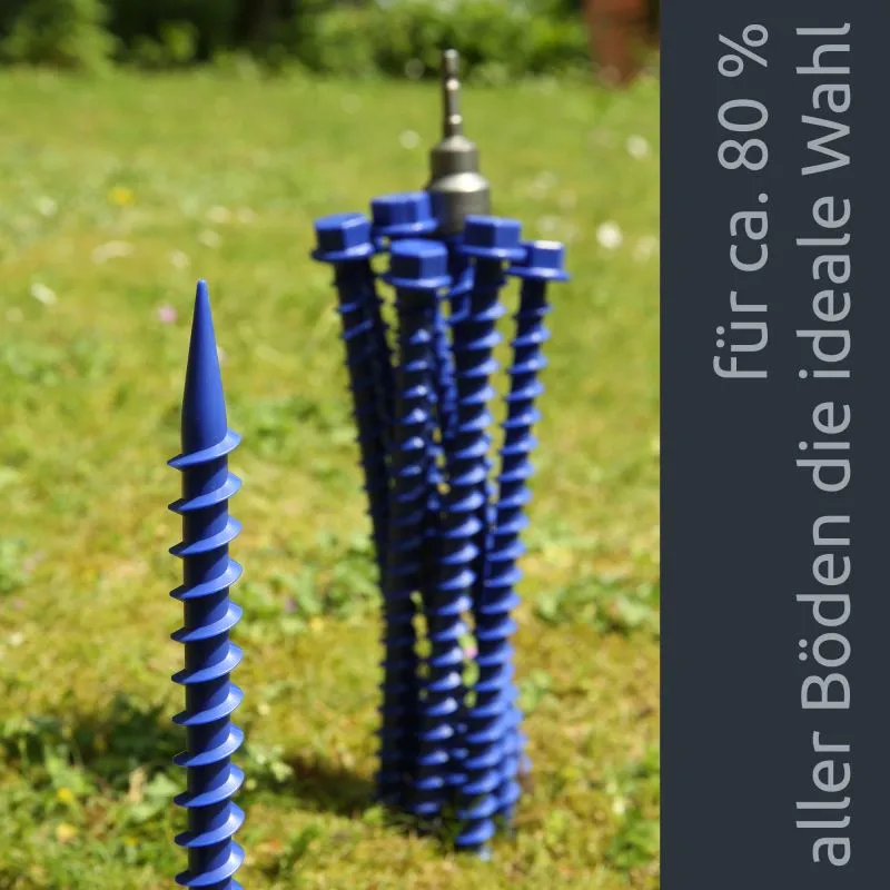 Picchetto avvitabile blu your GEAR "Short 26" in plastica resistente con filettatura profonda a spirale e punta con collarino, gruppo di più pezzi su prato per fissaggio tende e accessori caravan.