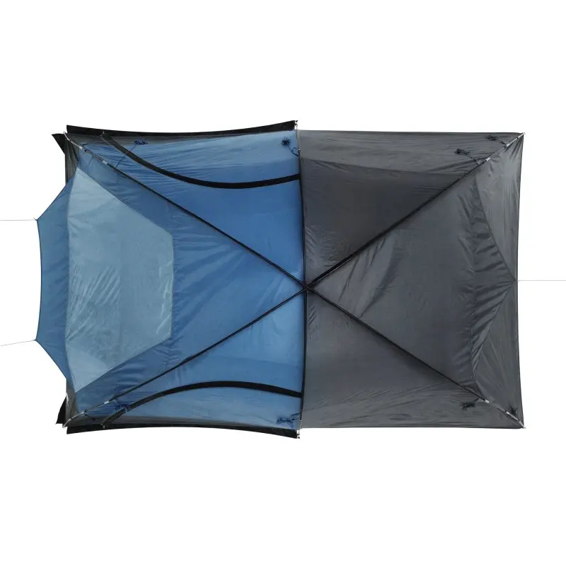 Vista superior de la tienda your GEAR Chinook para 4 personas, tipo cúpula, color azul y gris, con amplio interior, entrada lateral y ventanas, ideal para camping familiar con altura para estar de pie.