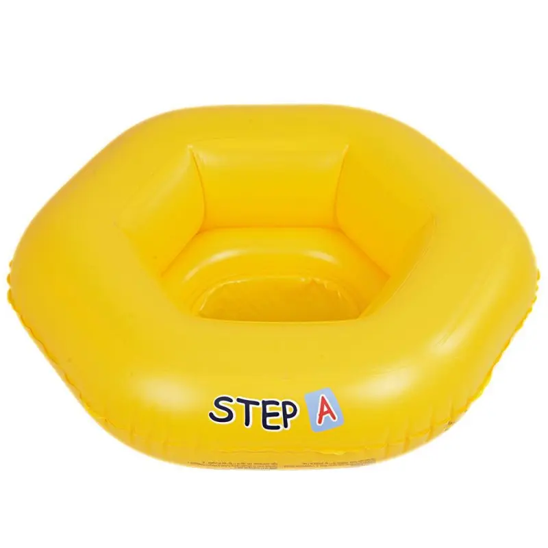Asiento inflable amarillo para bebé Jilong Baby Seat de 67x63 cm, con tres cámaras de aire y asiento tipo pañal. Apto para bebés hasta 11 kg. Texto “STEP A” visible en la parte frontal.