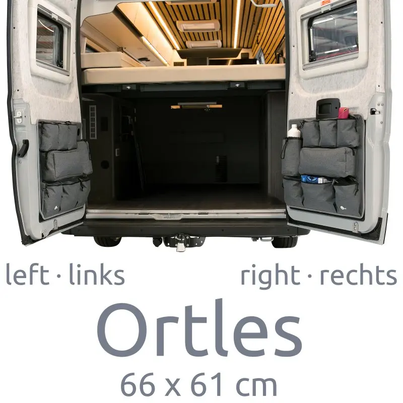 your GEAR Ortles R organizer with 8 pockets, mounted on the right rear door of a camper van, offering practical storage for tools and accessories, size 66 x 61 cm, shown in a van interior setting.