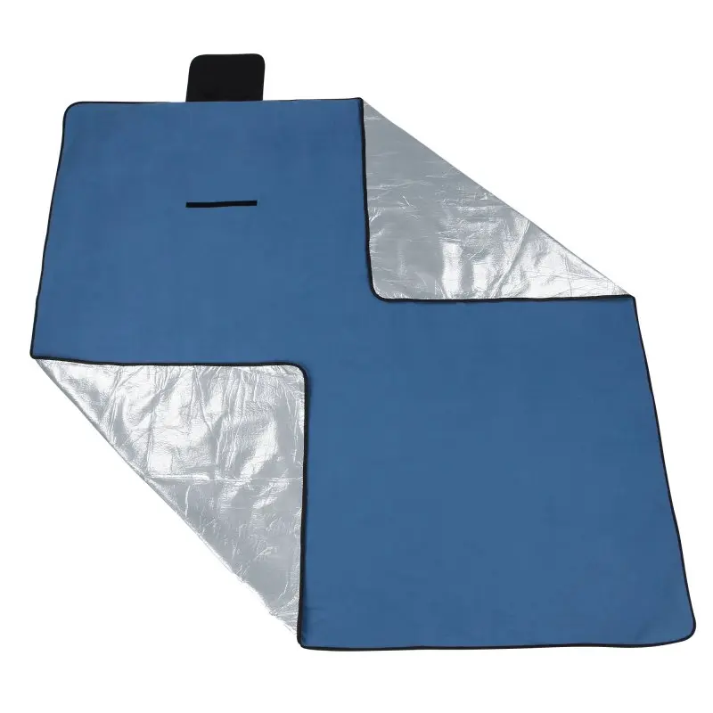 yourGEAR Blue XL picnic blanket 200x200cm, blue fleece top, silver waterproof and insulated aluminum underside, rectangular shape, foldable with black trim and carrying flap, ideal for camping, beach, or outdoor use.