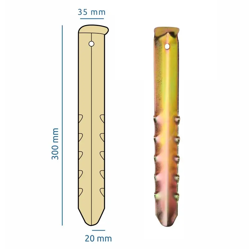 Hering de tente your GEAR en acier, profilé en V de 300 x 35 x 15 mm, avec crans de fixation et trou en haut, montré en vue de face et schéma avec dimensions pour fixation solide au sol.