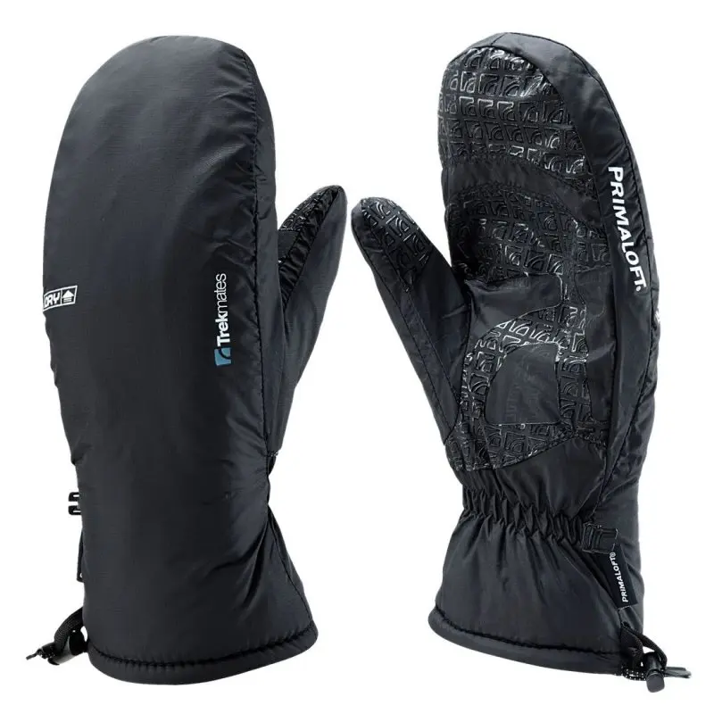 Black Trekmates Kinner XS women’s mittens with DRY waterproof, breathable membrane, Primaloft insulation, soft inner lining, textured palm grip, and branded logos on the back and palm.