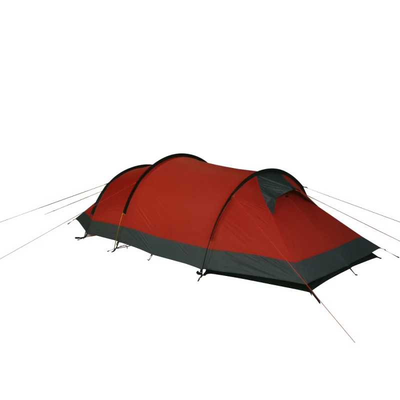 Tente tunnel 10T Silicone Valley pour 3 personnes, imperméable 5000mm, coloris rouge et gris, avec haubans et arceaux visibles, idéale pour le trekking et le camping en plein air.