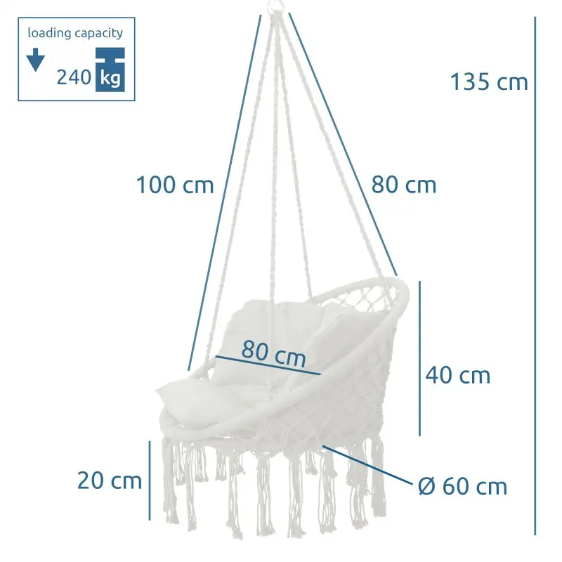 yourGEAR Boracay Sand Hängesessel mit Kissen, Rundkorb-Design, geflochtenem Netz, Fransen, Belastbarkeit 240 kg, Maße: 135x100x80x40x20 cm, Durchmesser 60 cm, ideal zum Entspannen im Haus oder Garten.