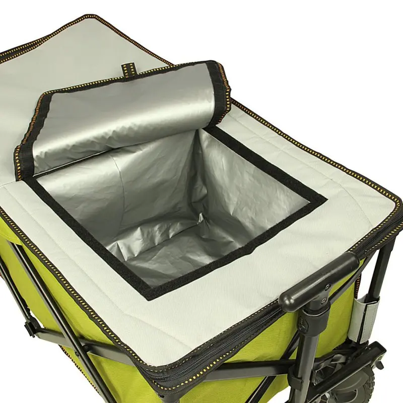 Carro plegable 10T Cooler Trolley con compartimento isotérmico abierto, estructura robusta negra, tela verde y gris, ruedas todoterreno y asa de transporte, ideal para playa, picnic o actividades al aire libre.