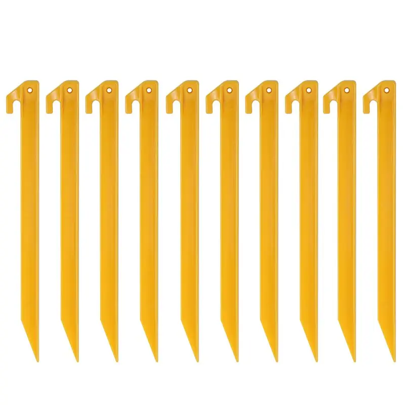 Set of 10 yellow ABS plastic tent pegs with T-profile, each 300mm long and 20x20mm thick, featuring pointed ends and hook holes for securing tents, tarps, or canopies during camping.