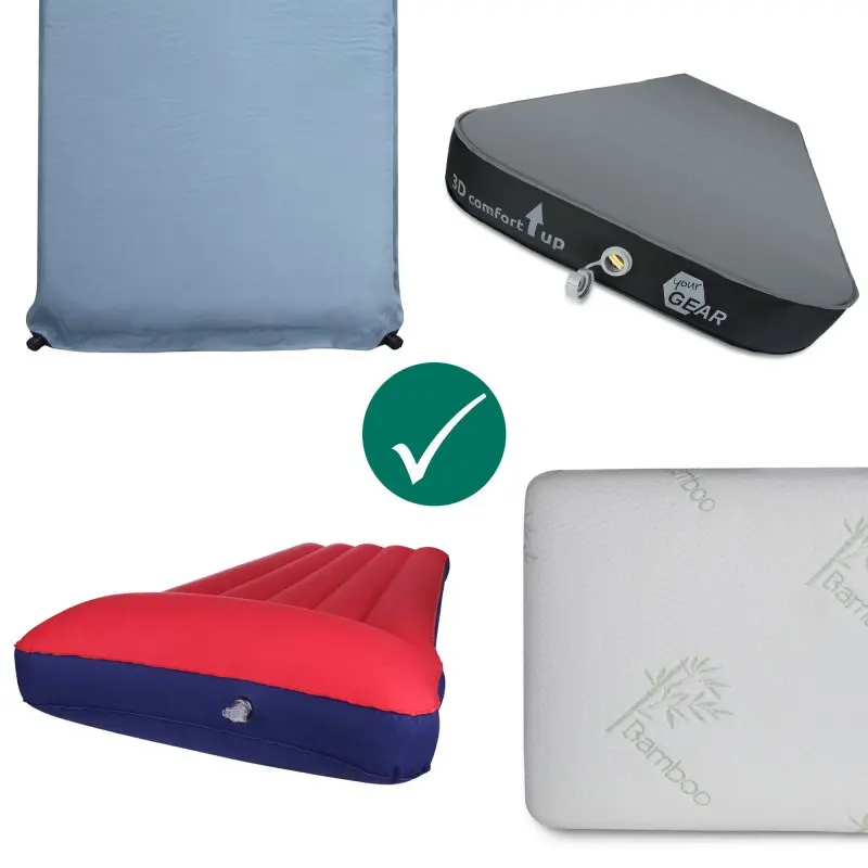 your GEAR Mat Cover & Coupler: Zwei koppelbare Spannbettlaken für Isomatten, Luftbetten und Luftmatratzen, passend für verschiedene Matratzenformen, leicht, kompakt, im Bild auf unterschiedlichen Matten gezeigt.