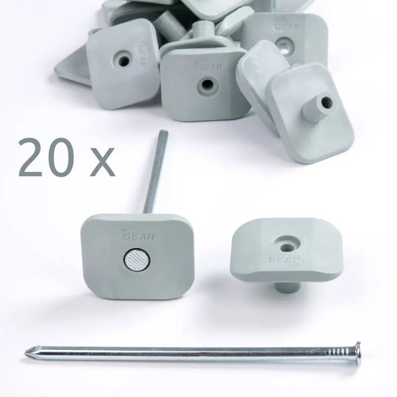 20 piquets your GEAR avec tête plate de protection en ABS, longueur 140 mm, pour tapis de sol, auvent ou bâche, acier robuste, anti-chute, visibles en gros plan sur fond blanc.