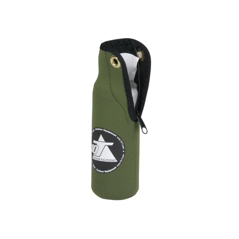 Refroidisseur de canettes et bouteilles 10T, 350 ml, en néoprène vert avec fermeture éclair, logo 10T Outdoor Equipment visible, conçu pour garder les boissons fraîches ou chaudes.