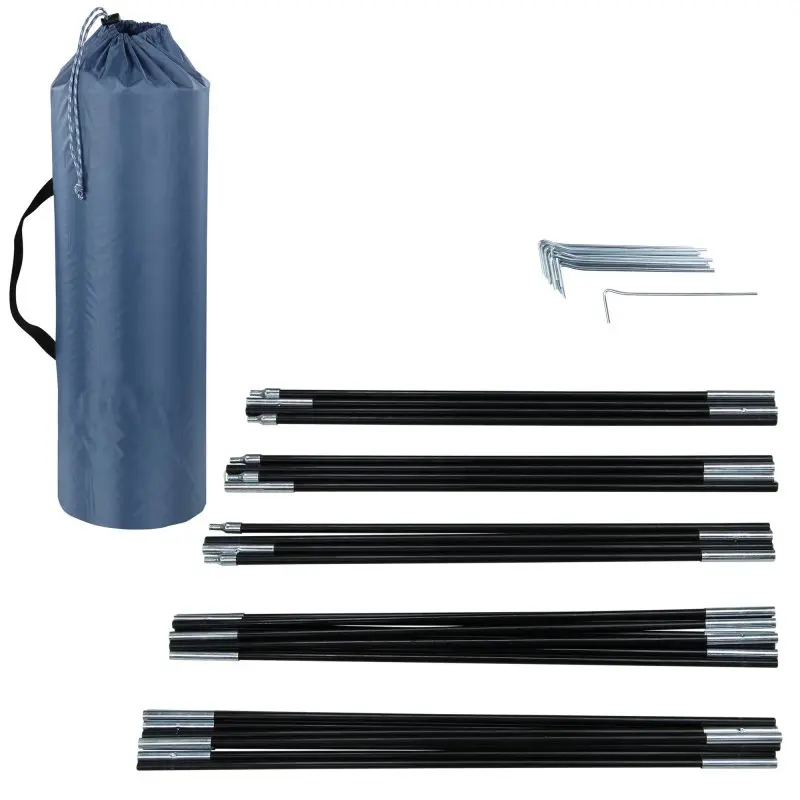 Sacs de transport bleu pour tente your GEAR Vento, quatre arceaux de tente noirs avec embouts métalliques, et piquets de fixation en métal, adaptés pour tente universelle 200x180x180 cm.