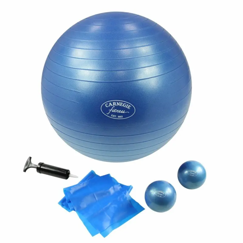 Carnegie Pilates Set with blue 65cm exercise ball, two 450g toning balls, 120cm blue Pilates band, and black hand pump. Ideal fitness equipment for home workouts and Pilates training.