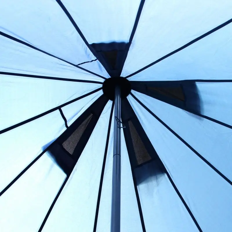 Vue intérieure du sommet du your GEAR Ravello 500, tipi familial pour 6-8 personnes, avec mât central, coutures radiantes et tissu bleu clair, montrant l’espace spacieux et la structure robuste du toit du tente.