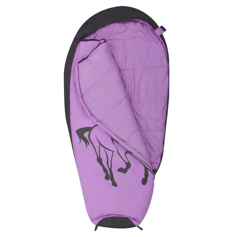 Sac de couchage momie enfant yourGEAR Horse 180x90 cm, rose et gris, motif cheval, doublure épaisse 300g/m², tissu doux et confortable, idéal pour l'été, fermeture éclair latérale.
