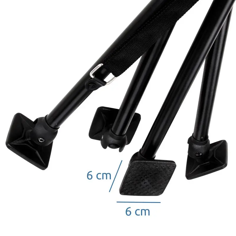your GEAR Camping stool Sesto with four sturdy black legs, each featuring large, square, non-slip feet measuring 6x6 cm for extra stability; designed for outdoor use and supports up to 120 kg.