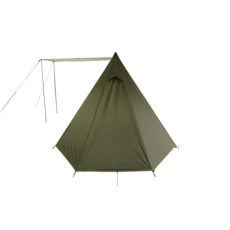 Tente de camping 10T Mungaroo 3 personnes, forme tipi, couleur kaki, avec auvent, matériaux imperméables, grande hauteur sous plafond, adaptée aux familles et activités de plein air.