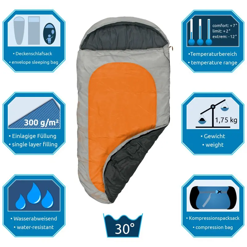 Fridani Kinderschlafsack PO 180x90cm XXL Deckenschlafsack -12°C Orange warm wasserabweisend waschbar