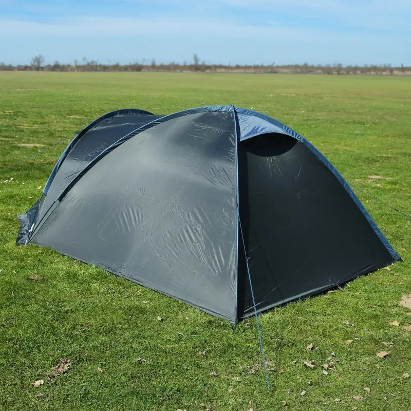 Tente dôme your GEAR Monza pour 4 personnes, couleur gris foncé, avec auvent, fenêtres transparentes, sol intégré et canaux de mâts extérieurs, montée sur pelouse, idéale pour le camping.