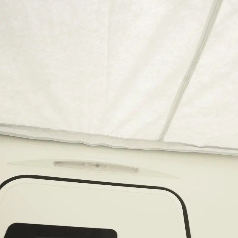 Caravan sun canopy by your GEAR, 435 x 250 cm, shown with light-blocking, waterproof Oxford polyester and reflective aluminum coating, installed above a caravan door for UV80+ protection.