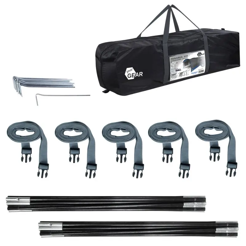 Sac de transport noir your GEAR Panarea 320 avec piquets, sangles de fixation et arceaux, accessoires pour auvent de bus imperméable et protection UV, idéal pour camping-car et vans.