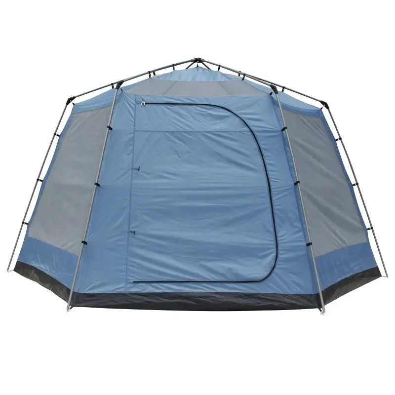 Großes your GEAR Ponza 400 Festivalzelt, rund, 4 m Durchmesser, mit Stehhöhe, blau-grau, mit großer Eingangstür, robustem Gestänge und eingenähtem Boden für Gruppen oder Familien, UV 50+ Schutz.