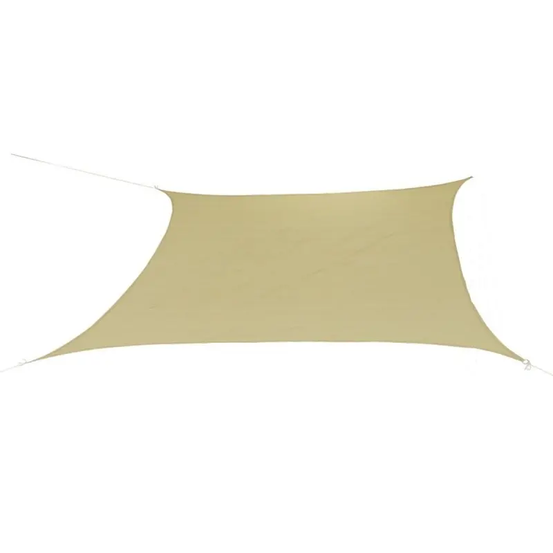 Square 5x5 m beige sun shade sail from 10T Outdoor Equipment, weather-resistant and breathable, with reinforced corners and tensioning ropes for UV protection in garden, terrace, or camping use.