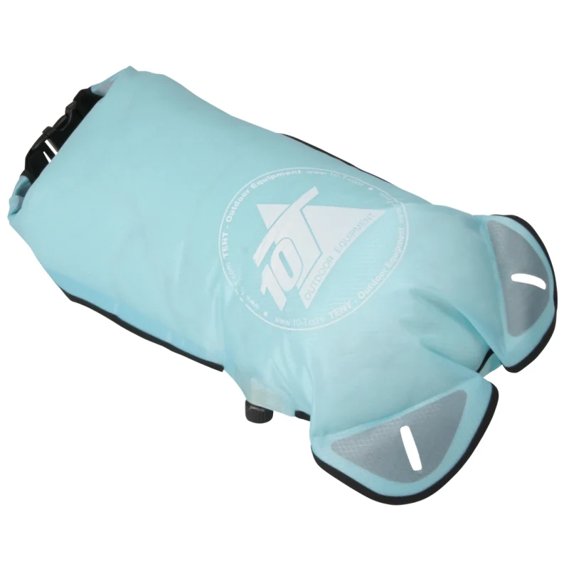 Bolsa estanca 10T Dry Bag WPC de 5 litros, color azul claro, con logo visible, válvula lateral para compresión, costuras selladas y detalles reflectantes en los extremos. Ideal para actividades al aire libre.