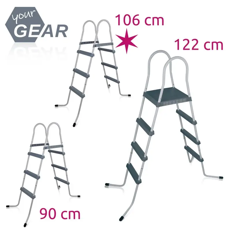 yourGEAR PL106 pool ladder for above-ground pools, shown in three sizes (90 cm, 106 cm, 122 cm), with sturdy metal frame, three wide steps, non-slip feet, and handrails for safe pool entry and exit.