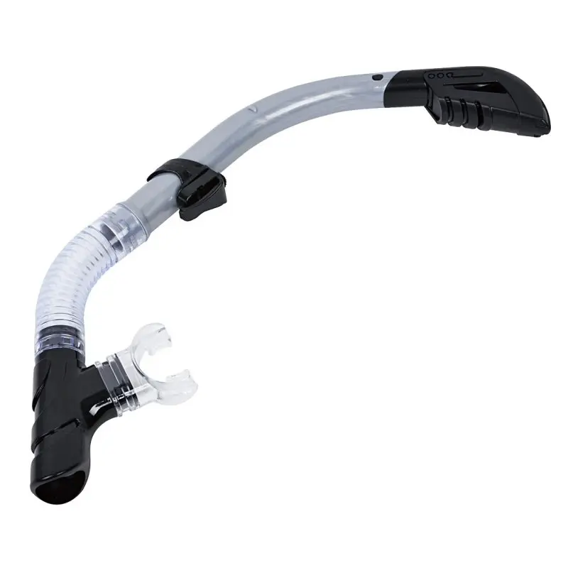 Jilong Dry Plus snorkel with soft silicone mouthpiece, dry top system, flexible tube, and black accents. Ideal for swimming, snorkeling, and diving. Ergonomic design for comfort and water protection.