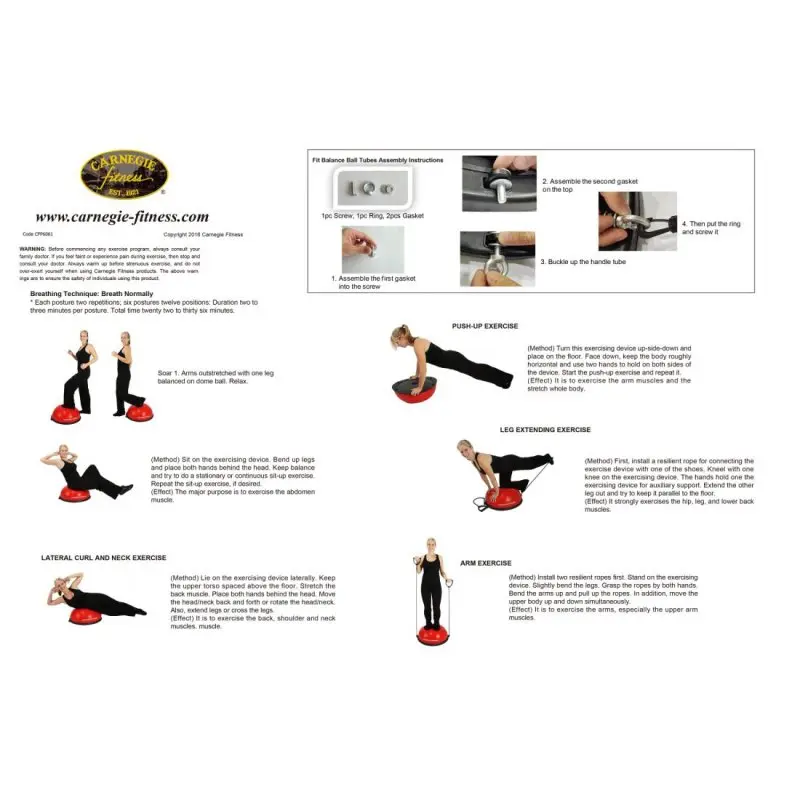 Carnegie Balance Ball Gleichgewichtstrainer mit roten Balance Board, zwei schwarzen Widerstandsbändern und Pumpe; mehrere Trainingspositionen und Übungen werden von einer Frau demonstriert.