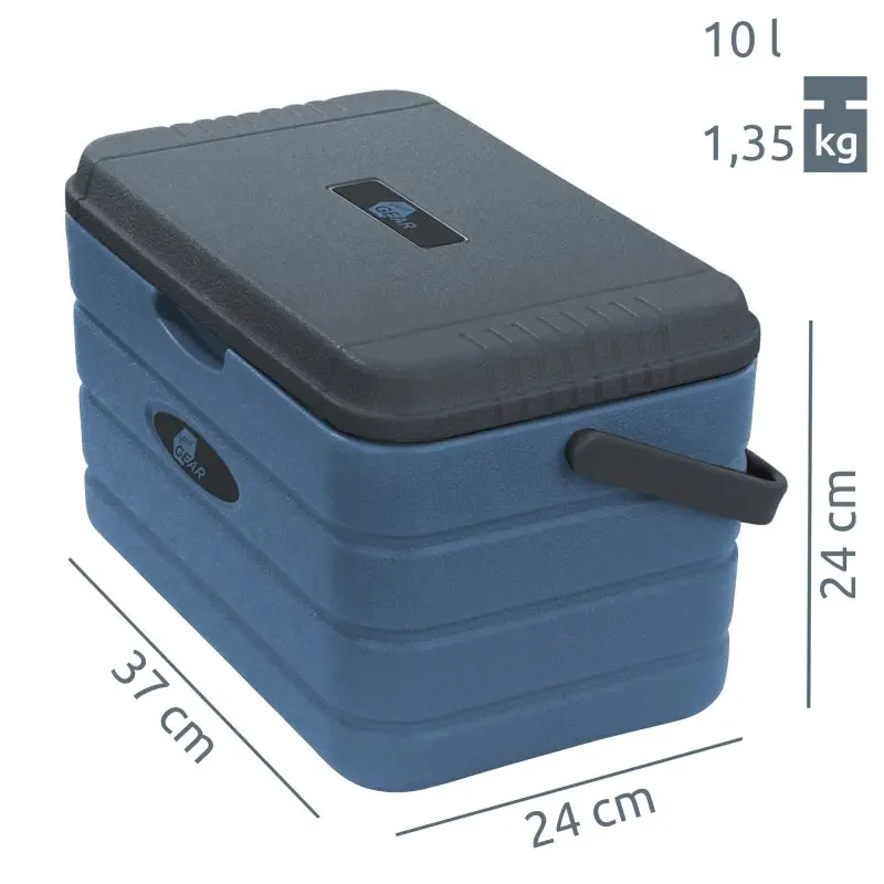 Glacière yourGEAR Coolah 10 L bleue avec isolation PU, couvercle noir, poignée latérale, dimensions 37x24x24 cm, poids 1,35 kg, idéale pour garder aliments et boissons au frais ou au chaud.