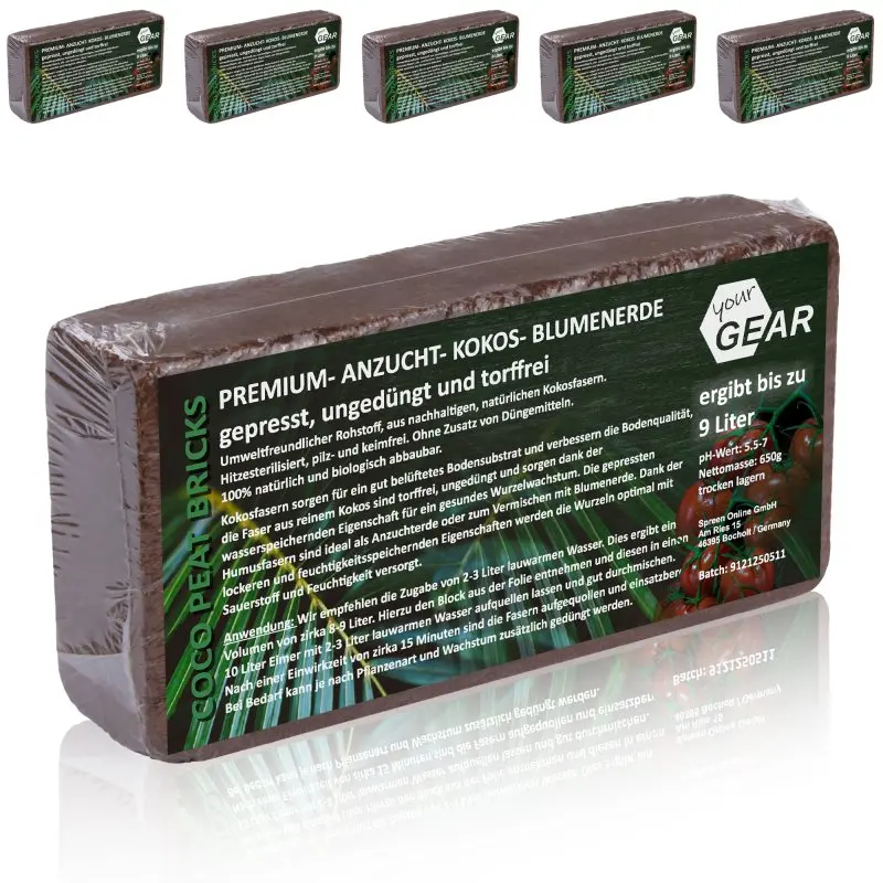 Blöcke gepresste Kokoserde yourGEAR, 6 Stück à 650g, torffrei, ungedüngt, nachhaltige Blumenerde aus Kokosfasern, Verpackung mit Produktinformationen, ergibt 54 Liter Erde, ideal für Aussaat und Anzucht.