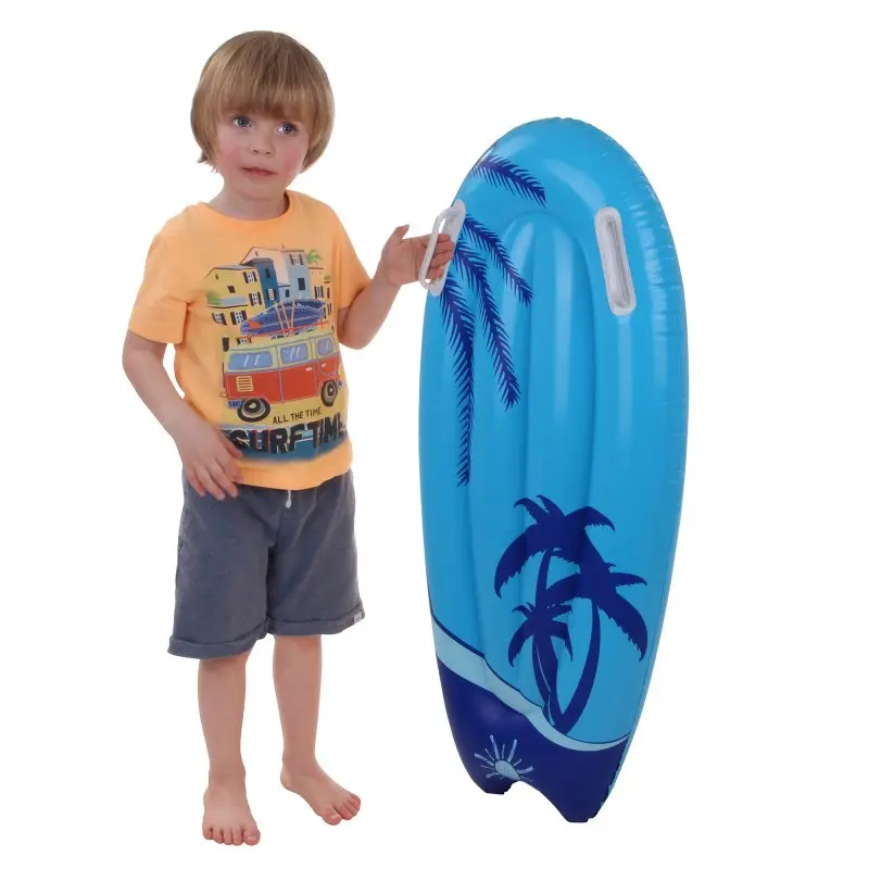 Planche gonflable Jilong Kick-Board Blue Wave 95x45x15 cm, design bleu avec palmiers, deux poignées blanches ergonomiques, adaptée aux enfants, idéale pour piscine, plage ou lac.