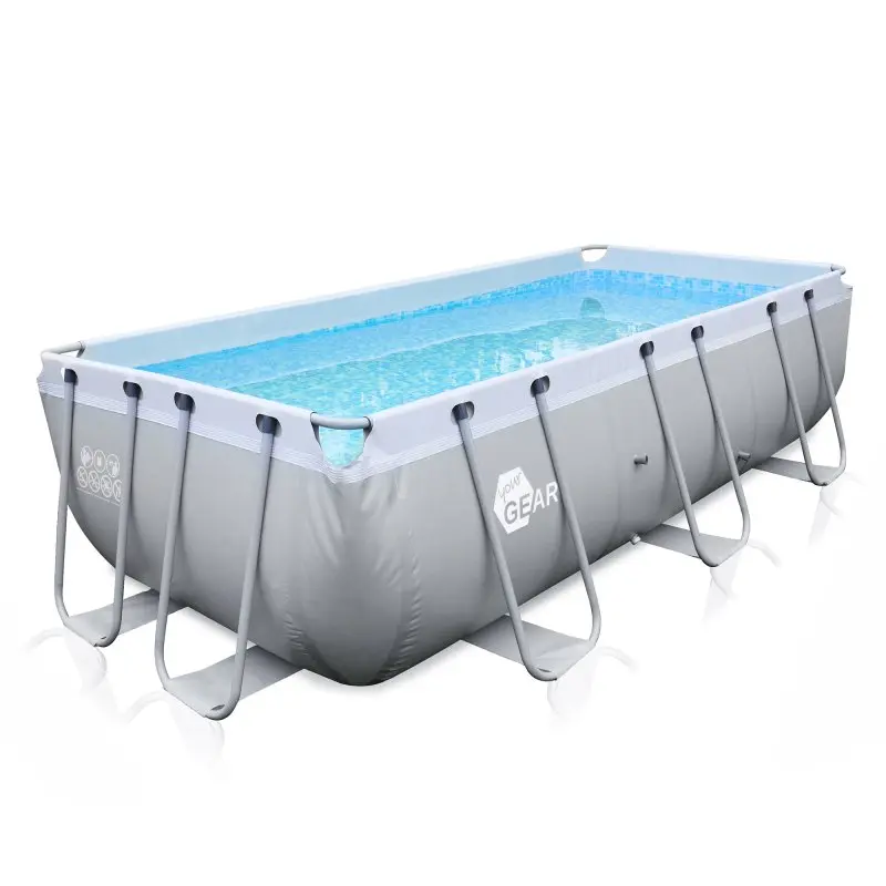 Piscina rettangolare your GEAR 4x2x1 m con struttura in acciaio, liner in vinile grigio chiaro e bianco, design moderno, adatta per giardino e famiglie, acqua azzurra all’interno, supporti metallici robusti.