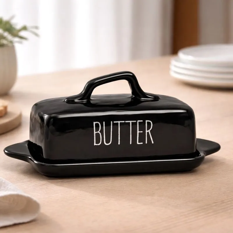 PURWERK Butterdose Schwarz Keramik mit Deckel – Hammerschlag-Design