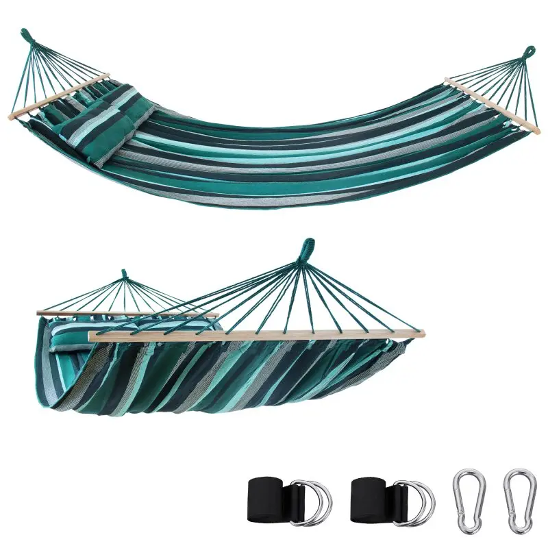 Hamac yourGEAR Kauai Smaragd 240x160 cm, rayé vert et bleu, avec barres en bois, deux coussins, kit de fixation et mousquetons, capacité 300 kg, pour deux personnes.