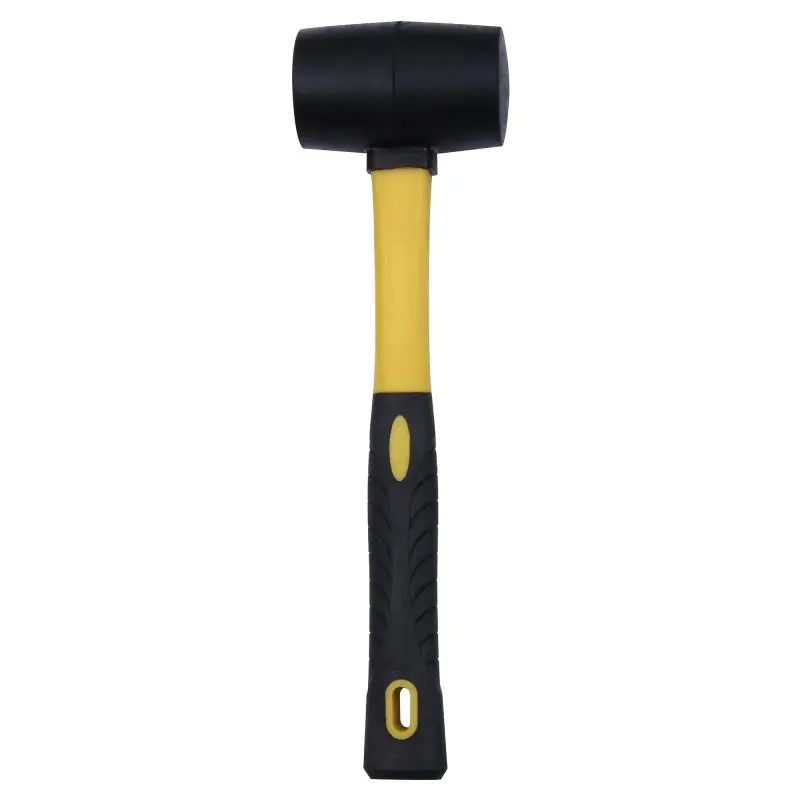 Maillet de camping 10T de 8 oz avec tête en caoutchouc noire de 45 mm, manche robuste en fibre de verre jaune et noir, conçu pour planter des piquets de tente et travaux extérieurs.