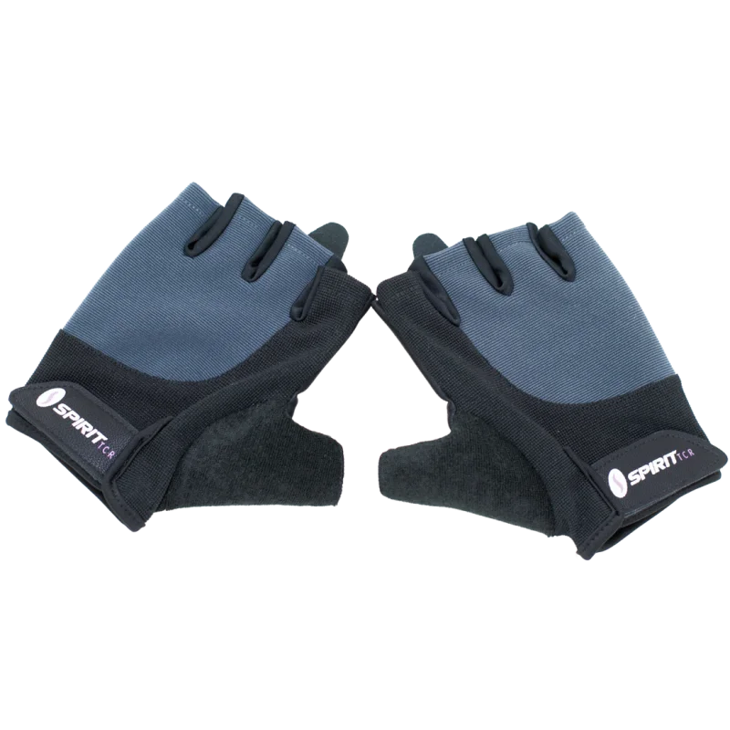 Spirit Workout Glove S fitness gloves in black and gray, fingerless design, padded palms, adjustable wrist strap with Spirit TCR logo, suitable for strength training, bodybuilding, or weightlifting.