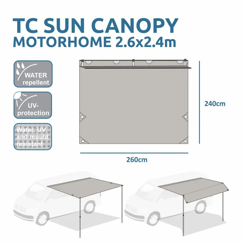 Toldo your GEAR para autocaravana de algodón 260x240 cm, resistente al agua, UV y moho, incluye dos postes telescópicos de aluminio. Ideal como sombra y protección para furgonetas y campers.