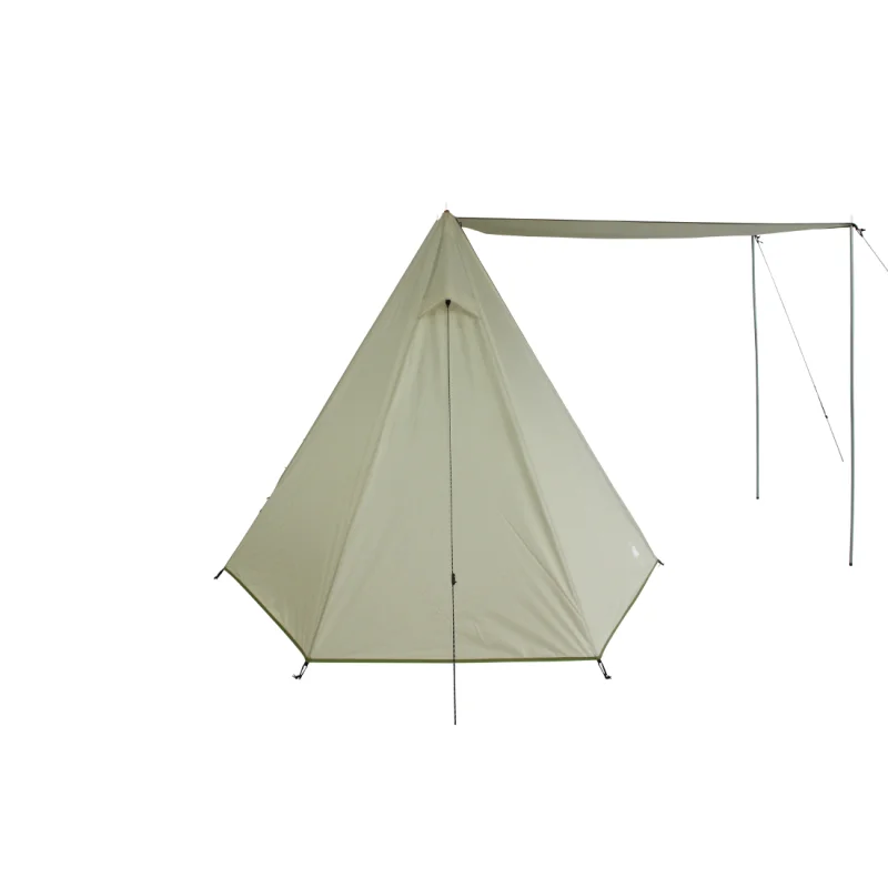 Tente 10T Mungaroo 3 personnes, forme tipi beige, entrée avec auvent, structure haute permettant de se tenir debout, matériau imperméable, idéale pour le camping en famille ou en groupe.