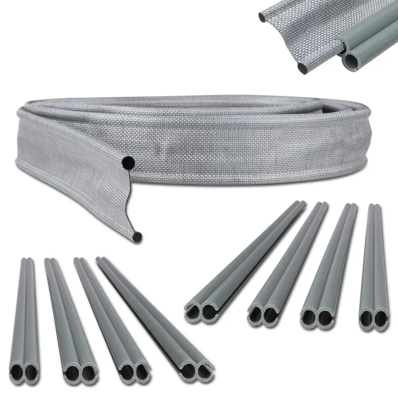 Kit de adaptador Keder your GEAR de 430 cm, incluye una banda textil gris con extremos redondeados y varios tubos de conexión grises, ideal para unir toldos o avances a la marquesina de caravanas.