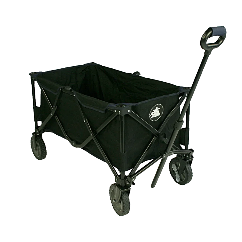 Chariot pliable 10T Foldy Trolley XL noir avec cadre métallique, quatre roues robustes et poignée de traction, idéal pour la plage et les sorties en famille, logo 10T visible sur le côté.