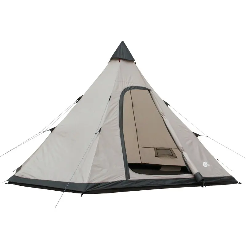 Tente tipi your GEAR Lido 370 beige pour 4 personnes, forme pyramidale, grande porte, sol cuvette cousu, moustiquaire intégrée, hauteur permettant de se tenir debout, imperméable 5000 mm, idéale camping.