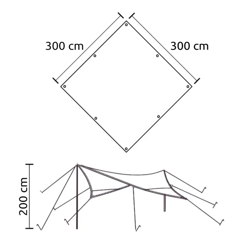 Diagramma del yourGEAR Sonnensegel Atrani 3x3 m: vista dall’alto con misure 300x300 cm e occhielli; vista laterale con altezza pali 200 cm, corde di fissaggio e struttura del telo da sole beige-grigio.