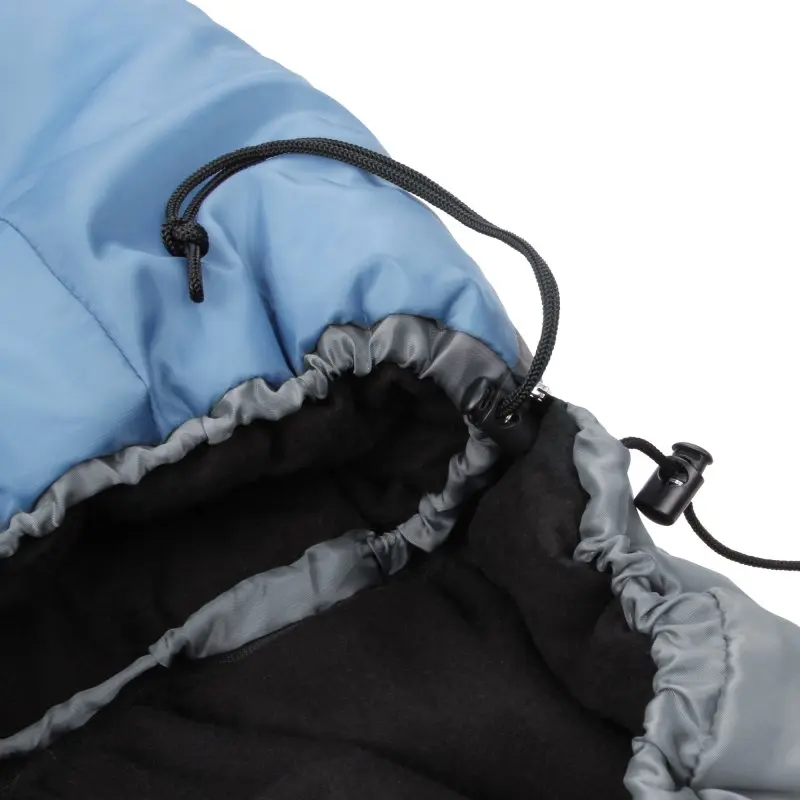 Close-up of the yourGEAR XXL sleeping bag Sumatra, blue and grey, showing the adjustable drawstring hood, soft cotton flannel inner lining, and double-layer insulation for 3-4 season warmth.