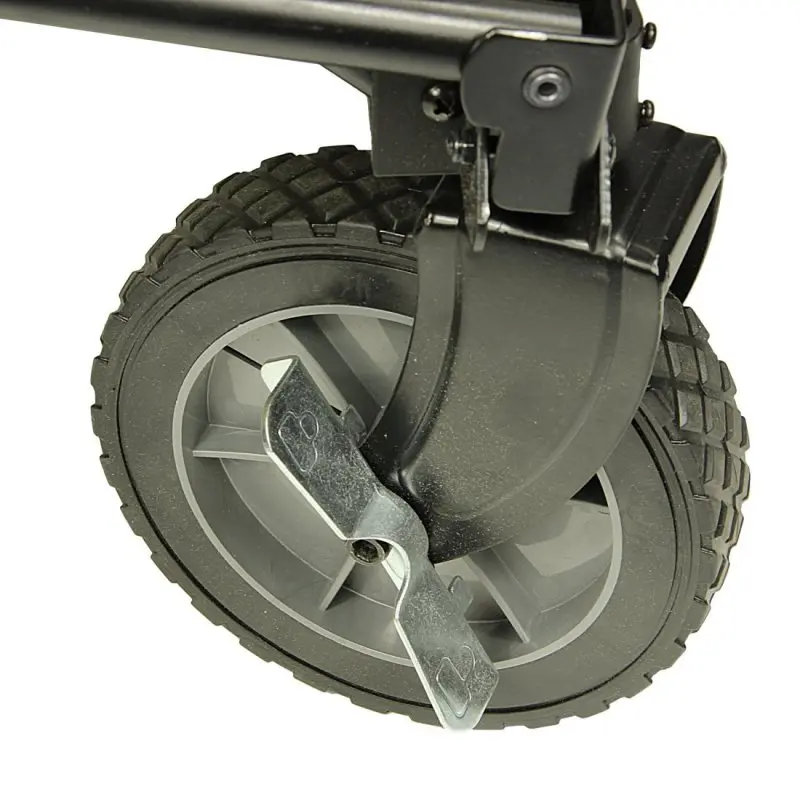 Rueda robusta del 10T Cooler Trolley Bollerwagen, con banda de rodadura antideslizante y freno metálico, ideal para terrenos irregulares. Detalle del mecanismo de la rueda del carro plegable con nevera integrada.