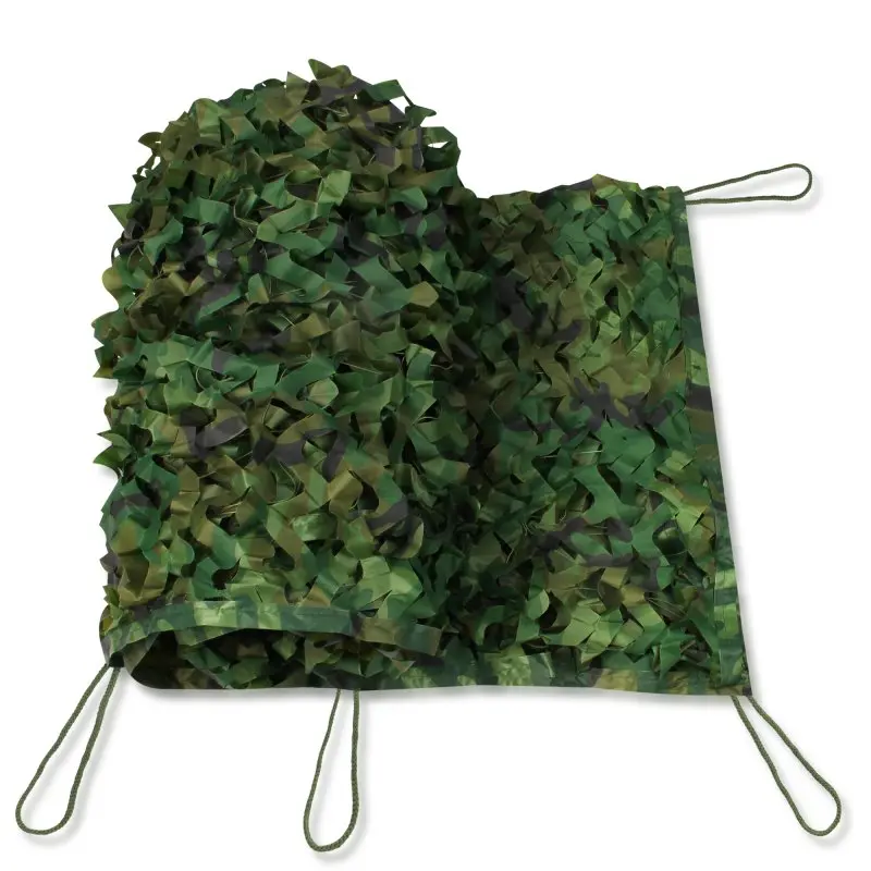 Filet de camouflage yourGEAR 1,5 x 5 m vert armée, texture légère à motifs feuillus, cordons de fixation aux coins, idéal pour l’extérieur, la chasse, la protection solaire et la décoration.