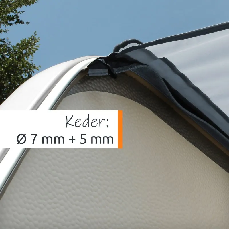 Toldo caravan your GEAR Cavoli 300x240 cm en tela gris oscura con borde de keder (Ø 7 mm + 5 mm) fijado al arco del vehículo, costuras reforzadas y protección UV, sin varillas ni accesorios.