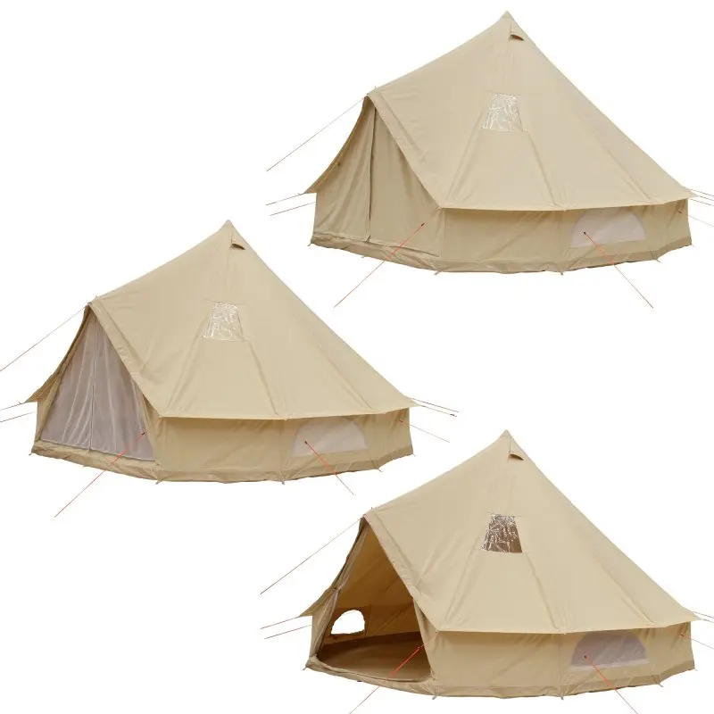 Zelt your GEAR Desert 8 Pro, beige Tipi-Familienzelt aus Baumwoll-Mischgewebe für 4–8 Personen, große Fenster mit Insektenschutz, fester Bodenwanne, UV50+ Schutz, drei Ansichten vor weißem Hintergrund.